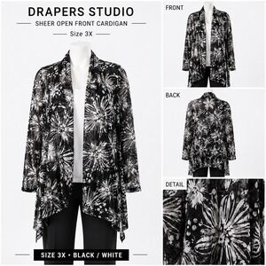 Drapers Studio Womens 3X Black White Floral Sheer Mesh Open Front Cardigan Layer